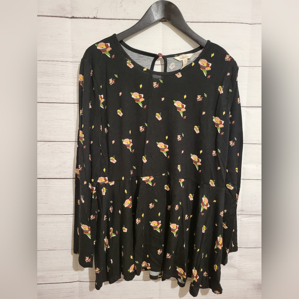 Matilda Jane Peplum Top Women's Size XL Black Floral Print Colorful Keyhole Back